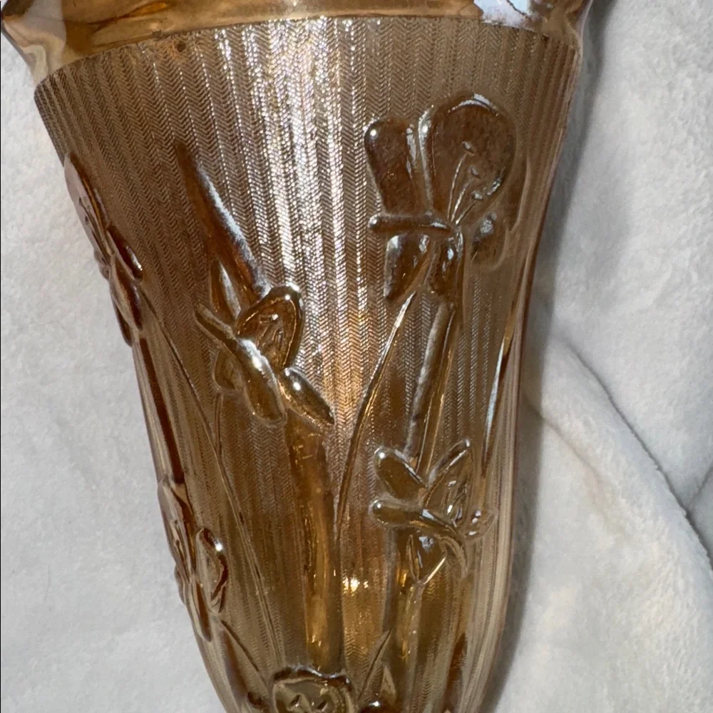 Vintage Jeannette Marigold Carnival Glass Footed Vase Iris & Herringbone 9